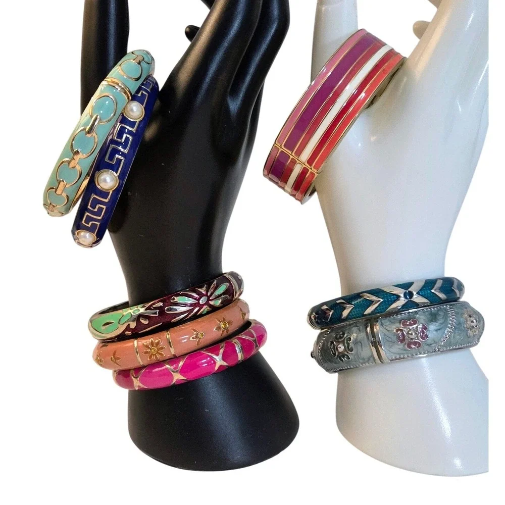 8pc Vintage Enamel Bangle Bracelet Set Gold Silver‎ Tone Floral Greek Key Stack